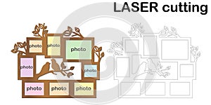 Frame for photos with birds and leaves for laser cutting. Collage of photo frames. Template laser cutting machine for wood and met