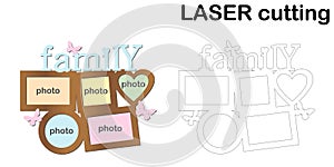 Frame for photos with inscription Family for laser cutting. Collage of photo frames. Template laser cutting machine