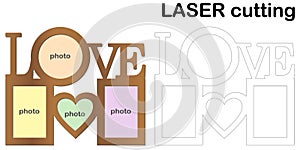 Frame for photos with inscription `Love` for laser cutting. Collage of photo frames. Template laser cutting machine for wood and