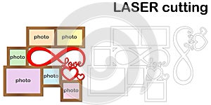 Frame for photos with inscription `Love` for laser cutting. Collage of photo frames. Template laser cutting machine for wood and