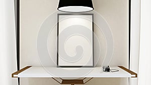 frame picture,camera on wooden table and pendent lamp - 3D Rendering