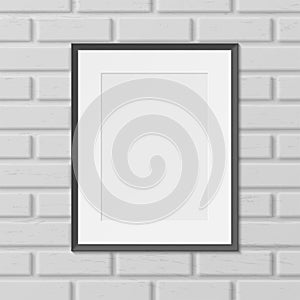 Frame for picture, photo on brick wall realistic blank template. Passepartout vertical empty mock up.