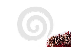 Frame of pine cones and red tinsel