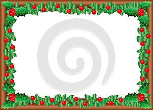 Frame of pine and holly leaves with Christmas balls.