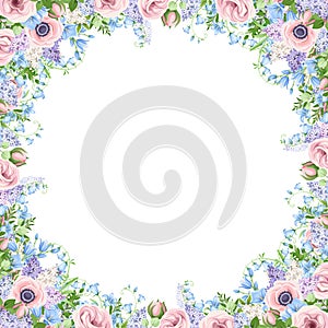 Frame with pink, blue and purple flowers. Vector illustration.