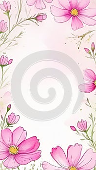 Frame of pink cosmos flowers of different sizes on white background.