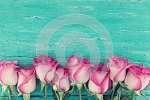 Frame of pink roses on turquoise rustic wooden background with c