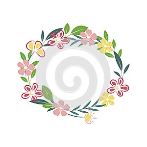 A frame of pink and yellow flowers and green branches, isolated on a white background