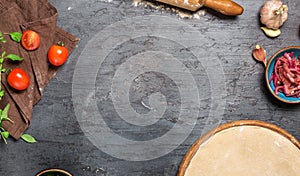 Frame of pizza dough with ingredients for cooking vegetarian pizza