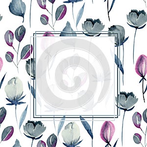 Frame place on floral background of indigo and crimson flowers and plants