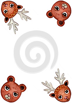 A frame of portraits of animals in the corners. The bear and the deer. White background.