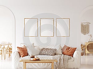 Frame & poster mockup in Boho style interior. 3d rendering, 3d illustration