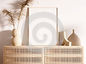 Frame and poster mockup in Boho style interior. 3d rendering, 3d illustration