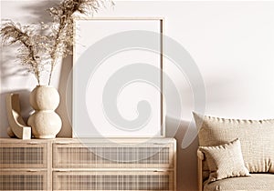 Frame and poster mockup in Boho style interior. 3d rendering, 3d illustration