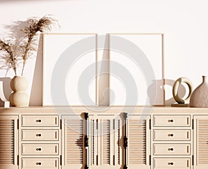 Frame and poster mockup in Boho style interior. 3d rendering, 3d illustration