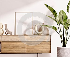 Frame and poster mockup in Boho style interior. 3d rendering, 3d illustration