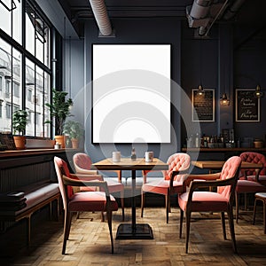 frame with poster mockup in cafe in modern Scandinavian style with table, chairs and plants