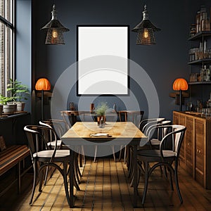 frame with poster mockup in cafe in modern Scandinavian style with table, chairs and plants
