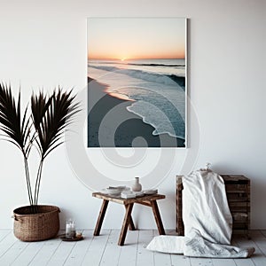 Frame poster mockup in home interior, peaceful beach at sunset with calming waves AI Generaion