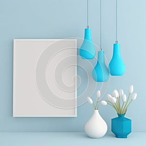 Frame poster mockup in home interior, white chandelier and blue vases AI Generaion