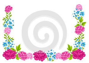 Frame with pretty flowers. Beautiful decorative natural plants and leaves.