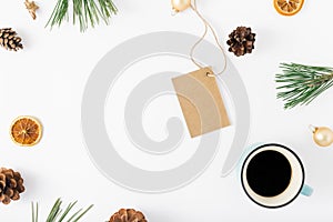 Frame of price tag, coffee and decorations on white background