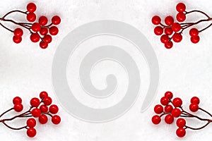 Frame of red berries on a snowy background.