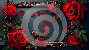 Frame with red flower copy space red roses on dark textured grange background.