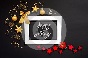 Frame, Red And Golden Christmas Decoration, Text Happy Holidays