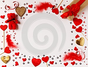 Frame of red hearts with space for text the centre on white background. Flat lay, top view Valentines Day background love concept
