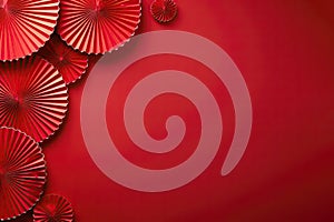 Frame Of Red Paper Fans On Red Background, Empty Space. Generative AI