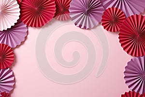Frame Of Red Paper Fans On Lavender Color Background, Empty Space. Generative AI