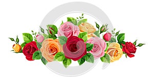 Frame with red, pink, orange and yellow roses. Vector illustration.