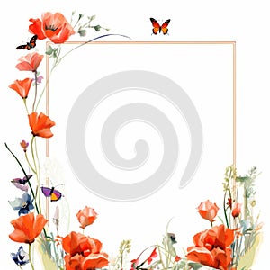 a frame with red poppies and butterflies on a white background