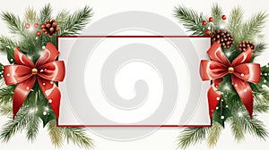 frame with red ribbon and bow, christmas tree decoration, christmas branch, white background Merry xmas and happy new year