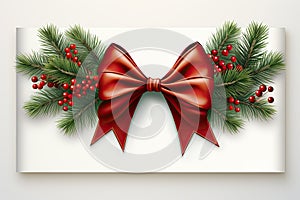 frame with red ribbon and bow, christmas tree decoration, christmas branch, white background Merry xmas and happy new year
