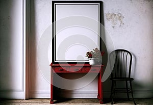 Frame on a red table on a white wall, ai generated
