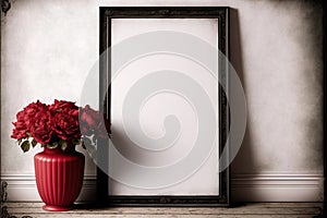 Frame with a red vase and flowers on a white wall, ai generated