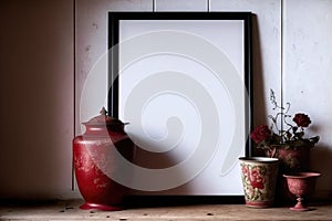 Frame with a red vase and flowers on a white wall, ai generated
