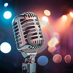 Frame Retro microphone on stage with bokeh background, music concert