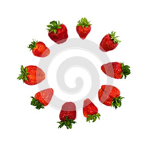 Frame of ripe garden strawberry strawberry, Fragaria Ã— ananassa on a white background with space for text. Flat lay