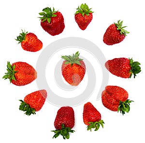 Frame of ripe garden strawberry strawberry, Fragaria Ã— ananassa on a white background with space for text. Flat lay