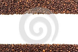 Frame of roasted coffee beans with a white background