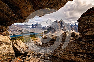 Frame of rocky with mount Assiniboine on Nublet peak at provincial park