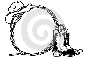 Frame from rope with cowboy boots and hat in engraving style. Design element for poster, card, banner, sign.
