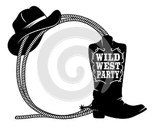 Frame from rope with cowboy boots and hat in engraving style. Design element for poster, card, banner, sign.