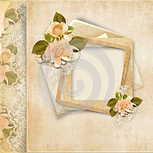 Frame with roses on vintage lace background