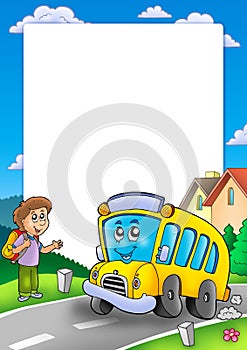 Frame with school bus and boy