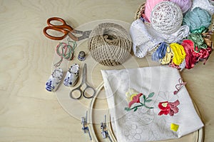 Frame, scissors, colored threads and needles necessary tools photo