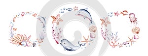 Frame of sea animals. Blue watercolor ocean fish wreath, turtle, whale and coral. Shell aquarium mermaid submarine. Nautical